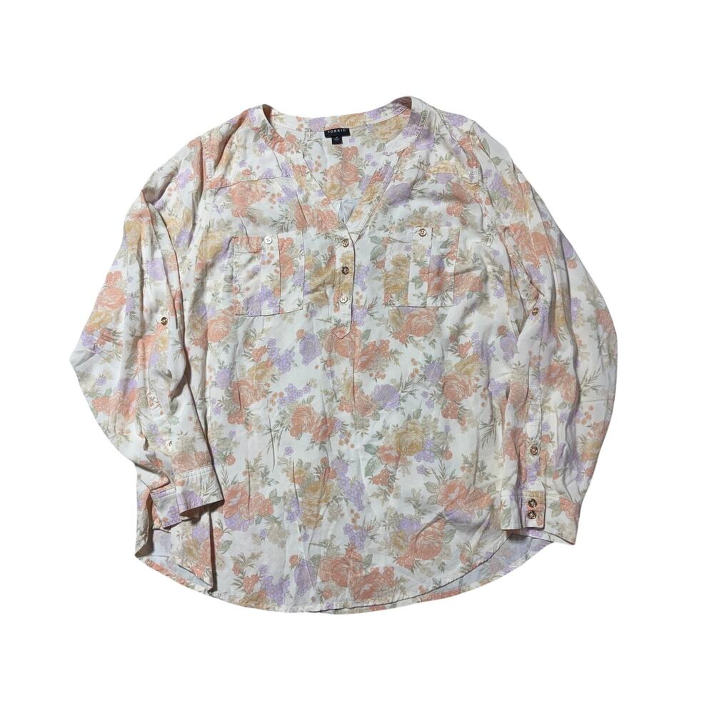 Torrid Womens 2 (2X) Pink & Purple Floral Lightweight Long Sleeve Blouse